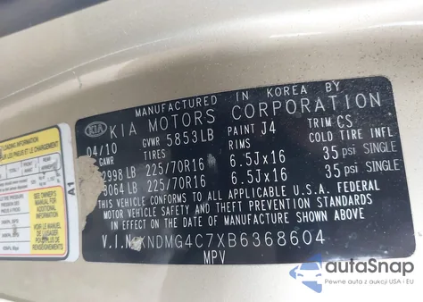 2011 Kia Sedona Lx из США, поврежденный, VIN KNDMG4C7XB6368604